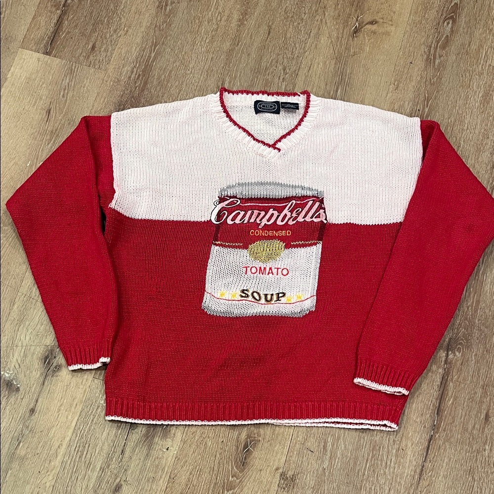 Vintage Red and White V-Neck Campbells Sweater